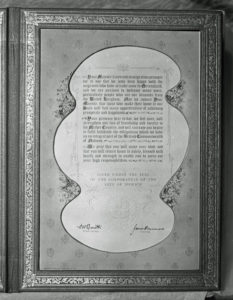 Framed illuminated address presented to the Queen Mother during her visit to Ipswich, 1958 - (Image courtesy of Picture Ipswich)