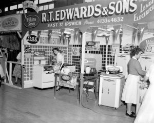  Staff demonstrating electrical appliances at the R T Edwards & Sons electrical appliance display stand at the Ipswich Show, Ipswich, 1957 - Image courtesy of Picture Ipswich