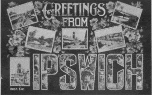  'Greetings from Ipswich' postcard of Ipswich buildings and scenes, Ipswich, ca. 1910
