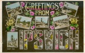 'Greetings from Ipswich' postcard of Ipswich buildings and scenes, Ipswich, ca. 1910. Image Courtesy of Picture Ipswich